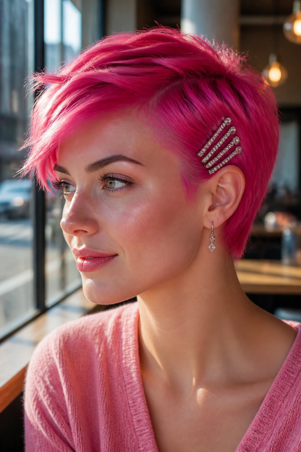 Close-up of bright pink pixie with jeweled ear-tuck on a real person