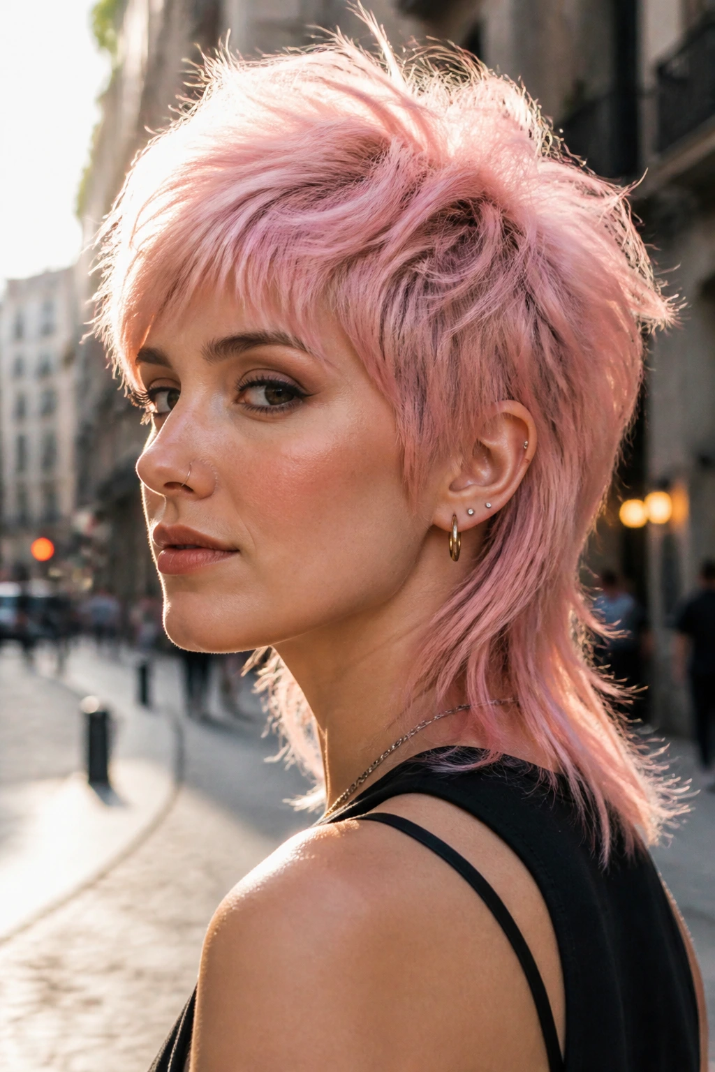 Portrait of a real woman with pink pixie-mullet hairstyle