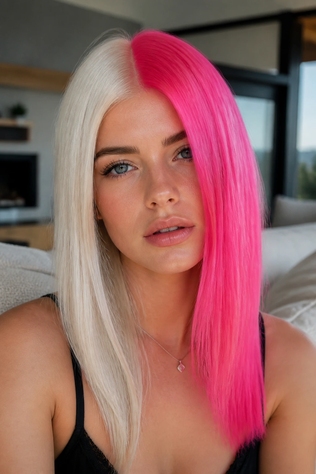 Portrait showing pink and platinum split hair on a real person