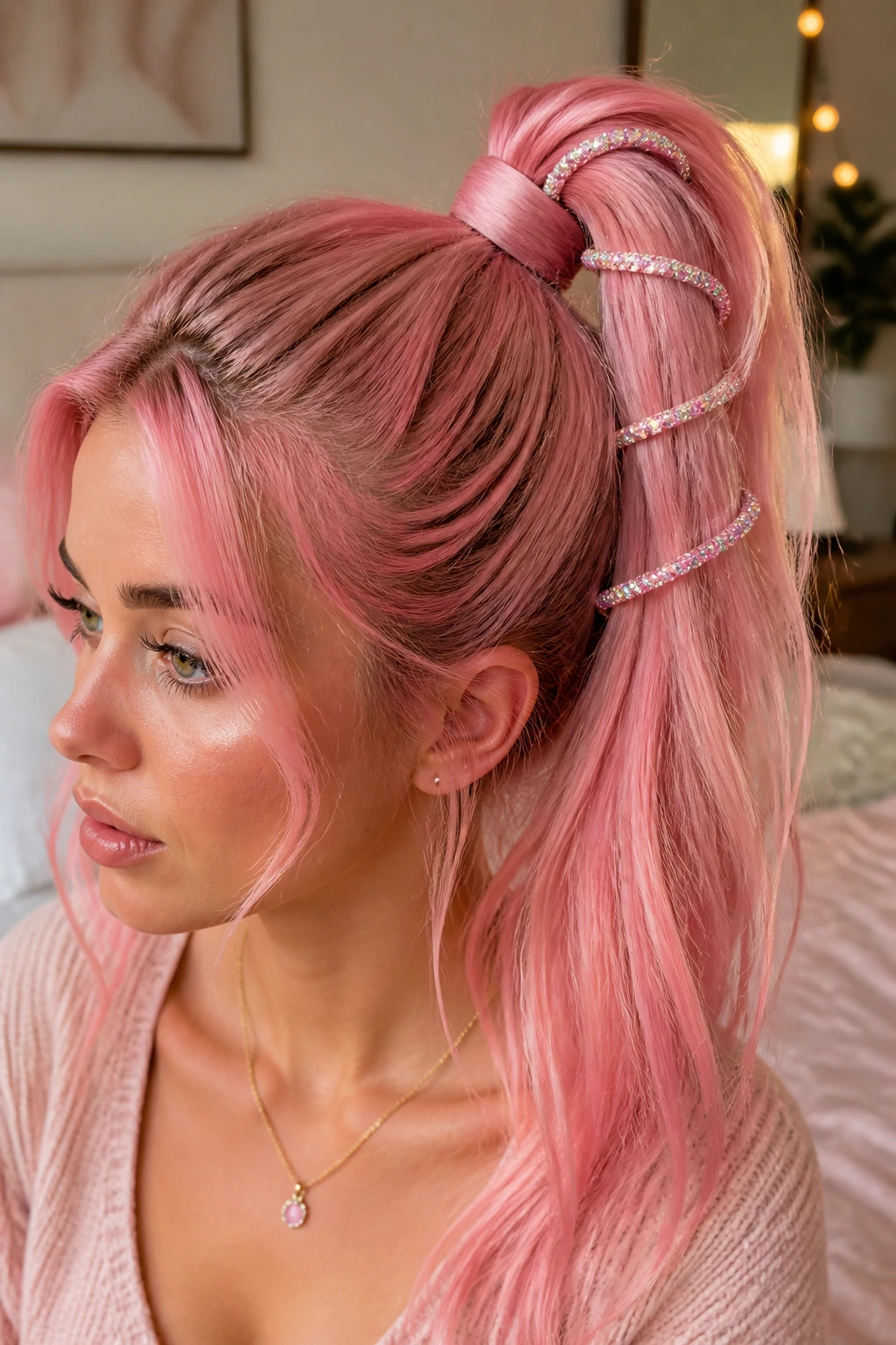 Close-up of a real woman wearing a cotton candy pink high ponytail with a jeweled spiral.