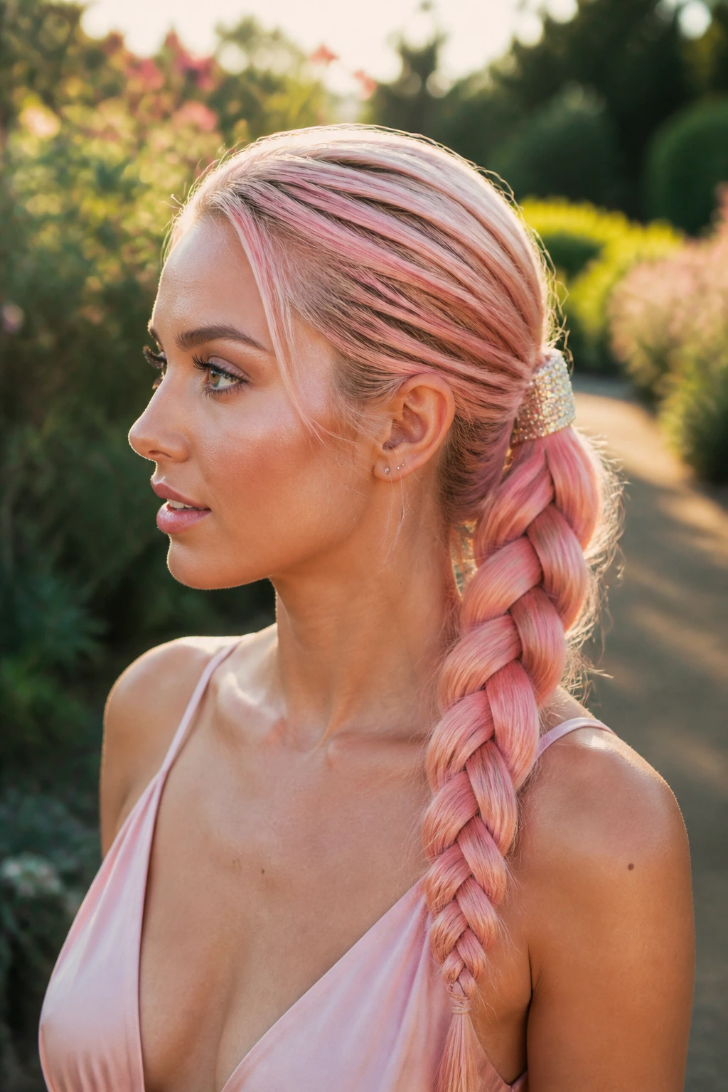Close-up of a real woman with pale pink braided ponytail and rhinestone wire cuff