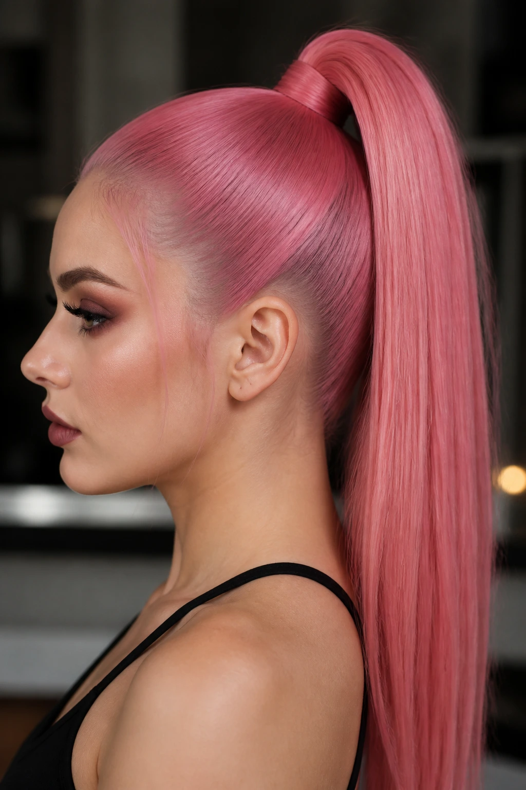 Portrait of woman with a sleek high pink ponytail