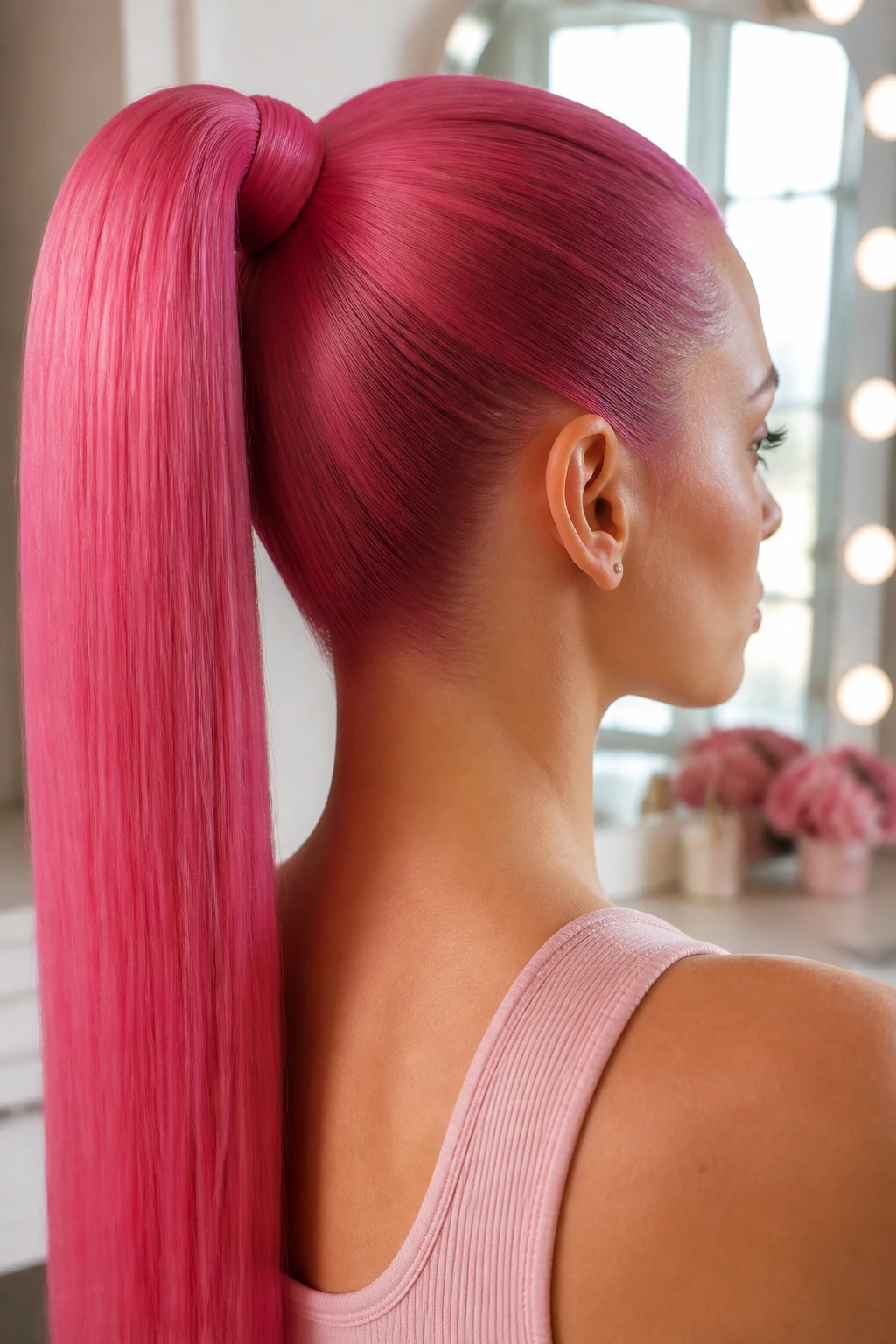 Profile of a real woman with a sleek high ponytail of hot pink hair.