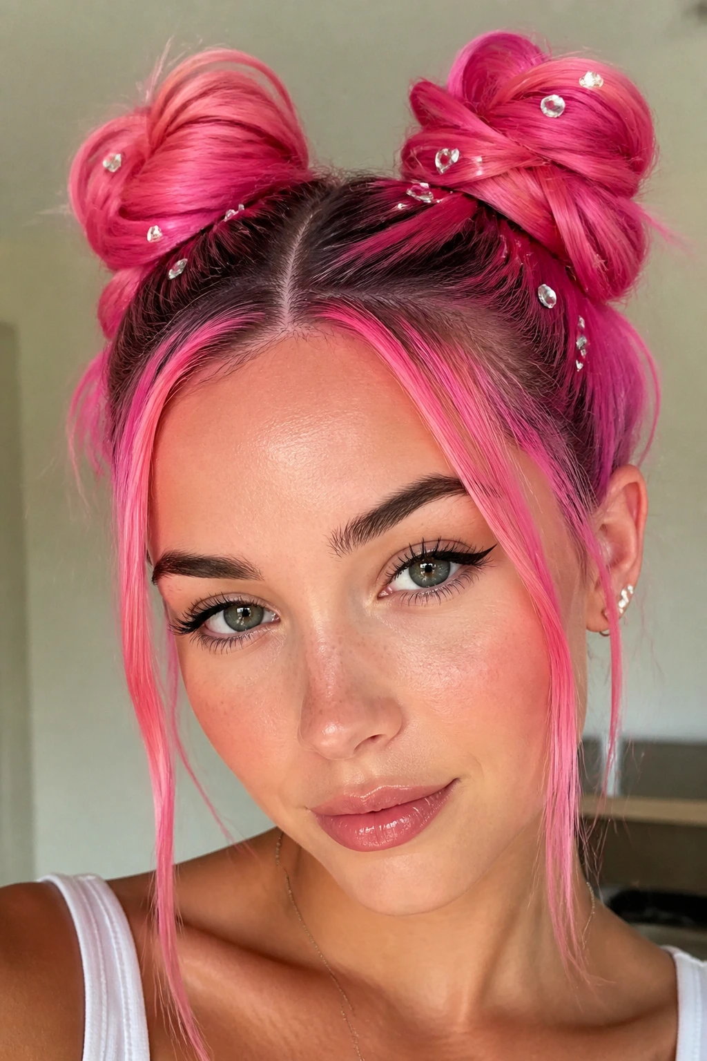 Real person with bright pink space buns and rhinestones, soft indoor light