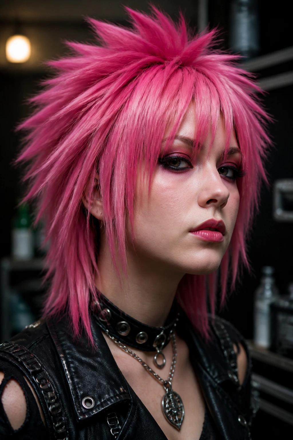 Close-up portrait of a person with pink spiky layered hair in an urban backstage setting.