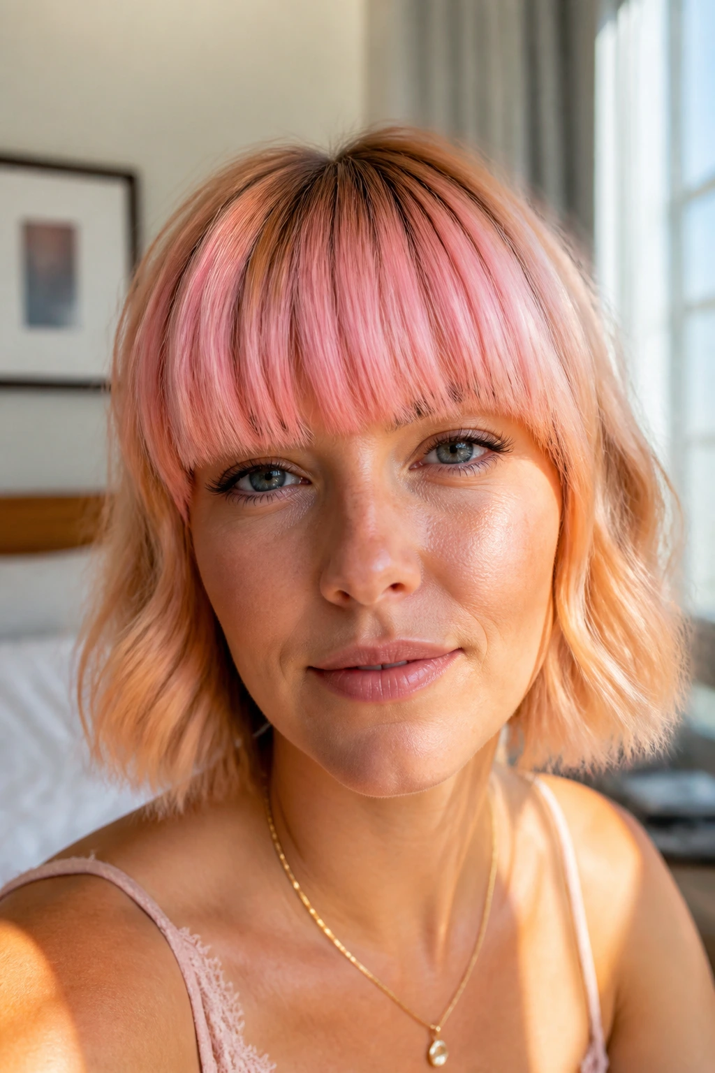 Close-up of a real woman with pink-tinted blunt bangs emphasizing fullness at the hairline