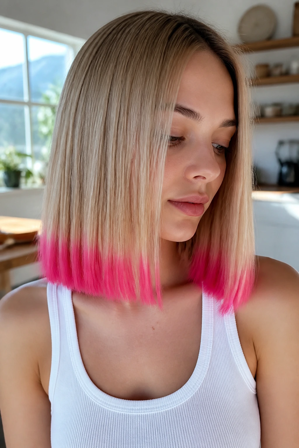 Close-up of blunt-cut hair with neon pink tips on a real person