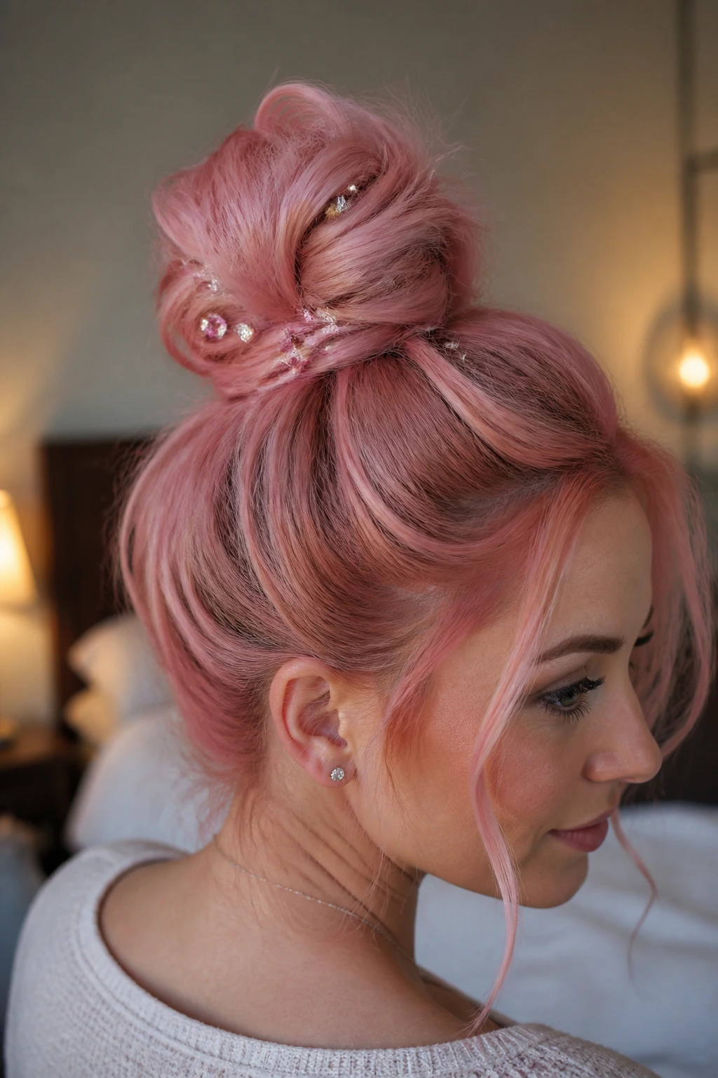 Rear view of real woman with soft pink top knot and jeweled pins