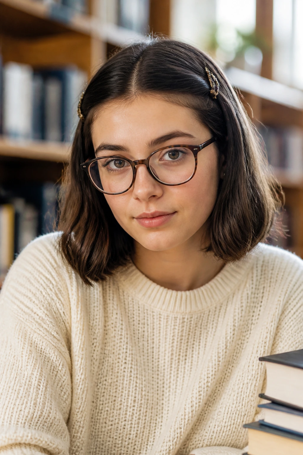 Close-up of a real person with pinned-back bob and bobby pins