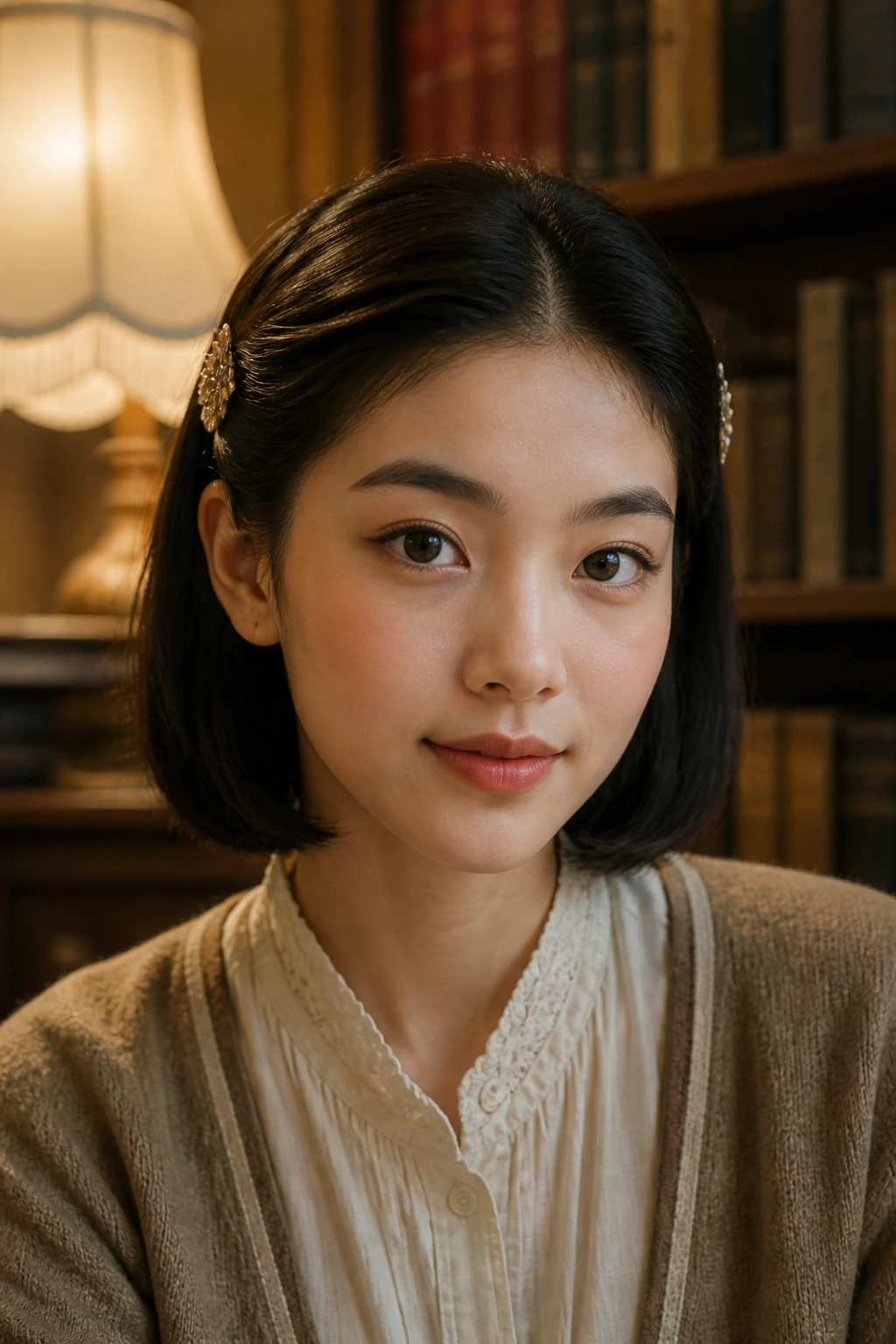 Close-up of a woman with a pinned-back bob and vintage clips.