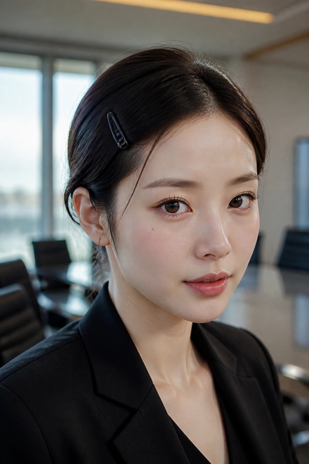 Close-up portrait of a real woman with a pinned-back fringe in an office meeting room