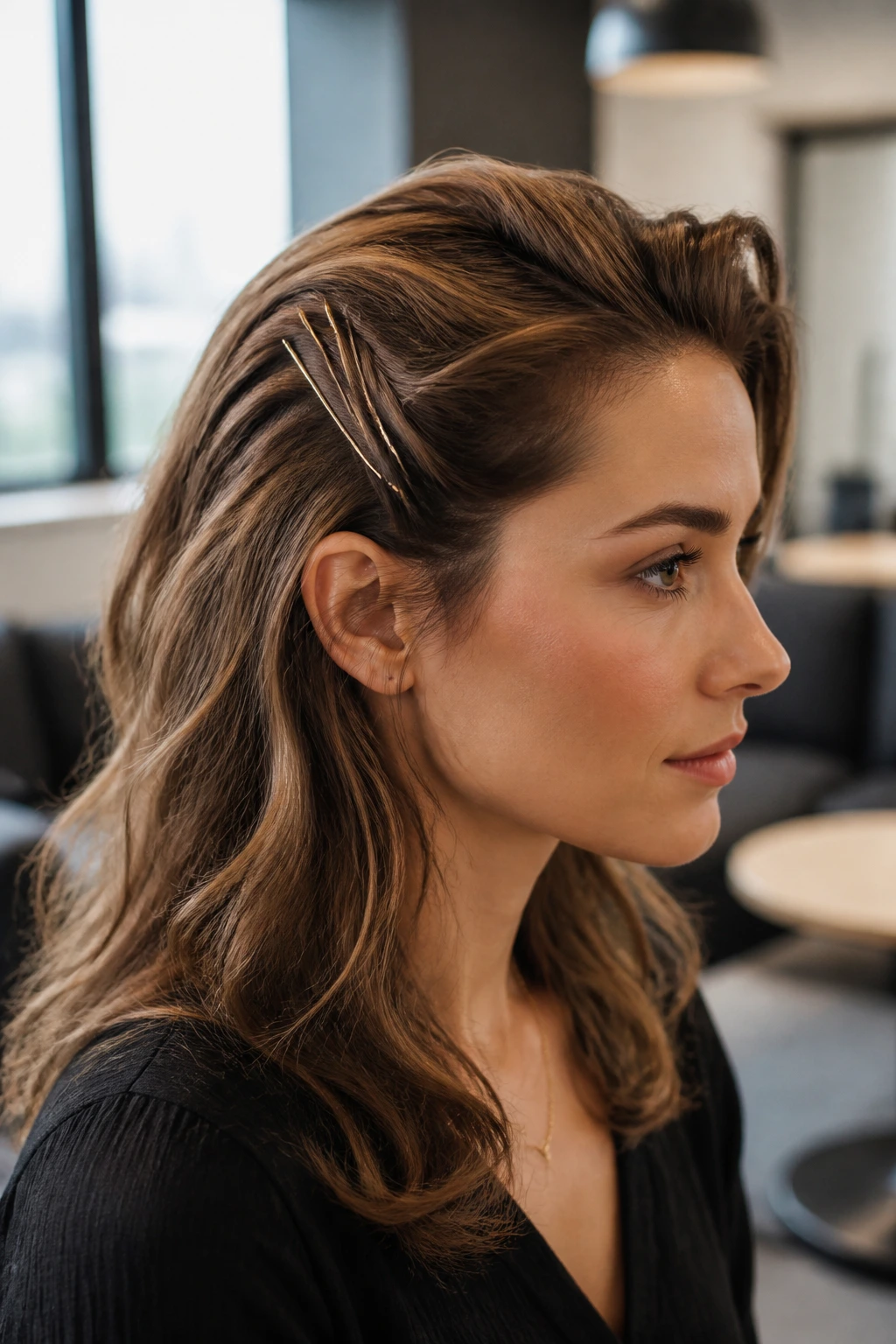 Close-up of a real woman with pinned-back layered hairstyle and visible pins