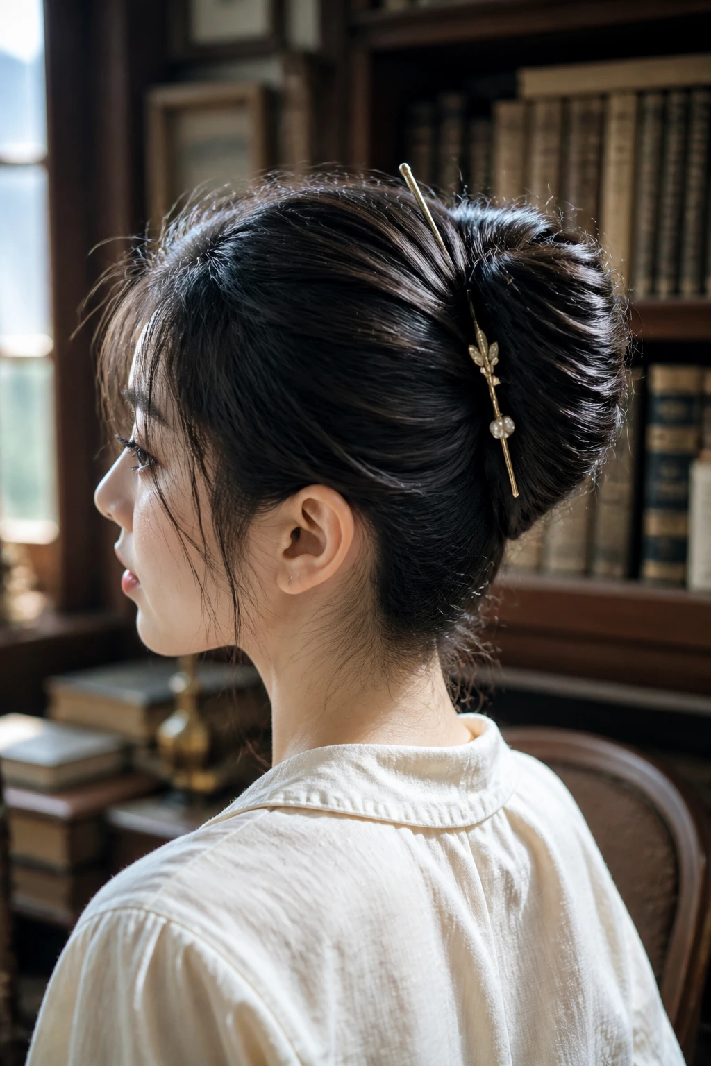 Close-up of a real woman with a pinned-back French twist in a sunlit study