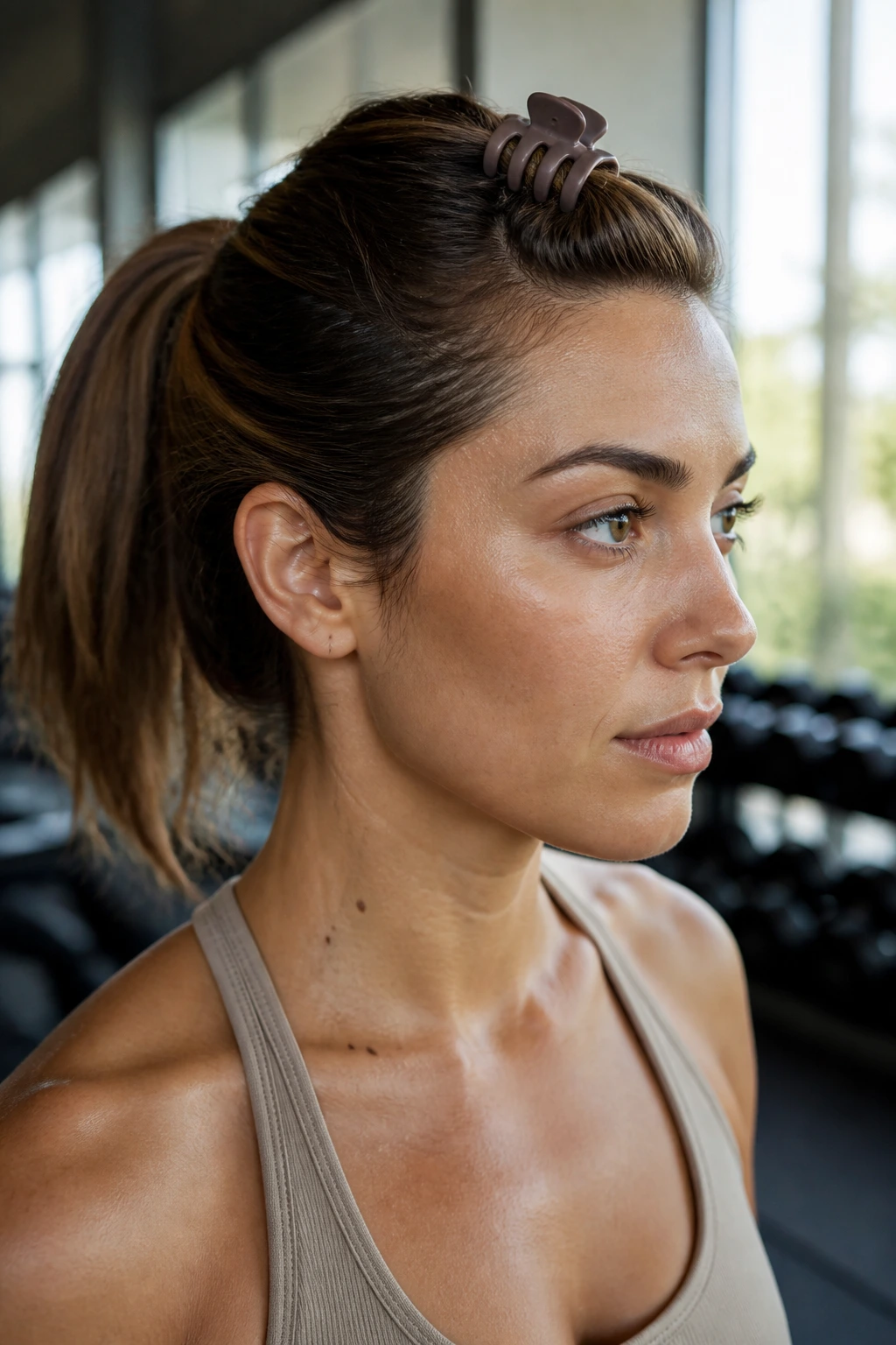 Close-up of pinned fringe hairstyle with claw clip on a real woman during workout