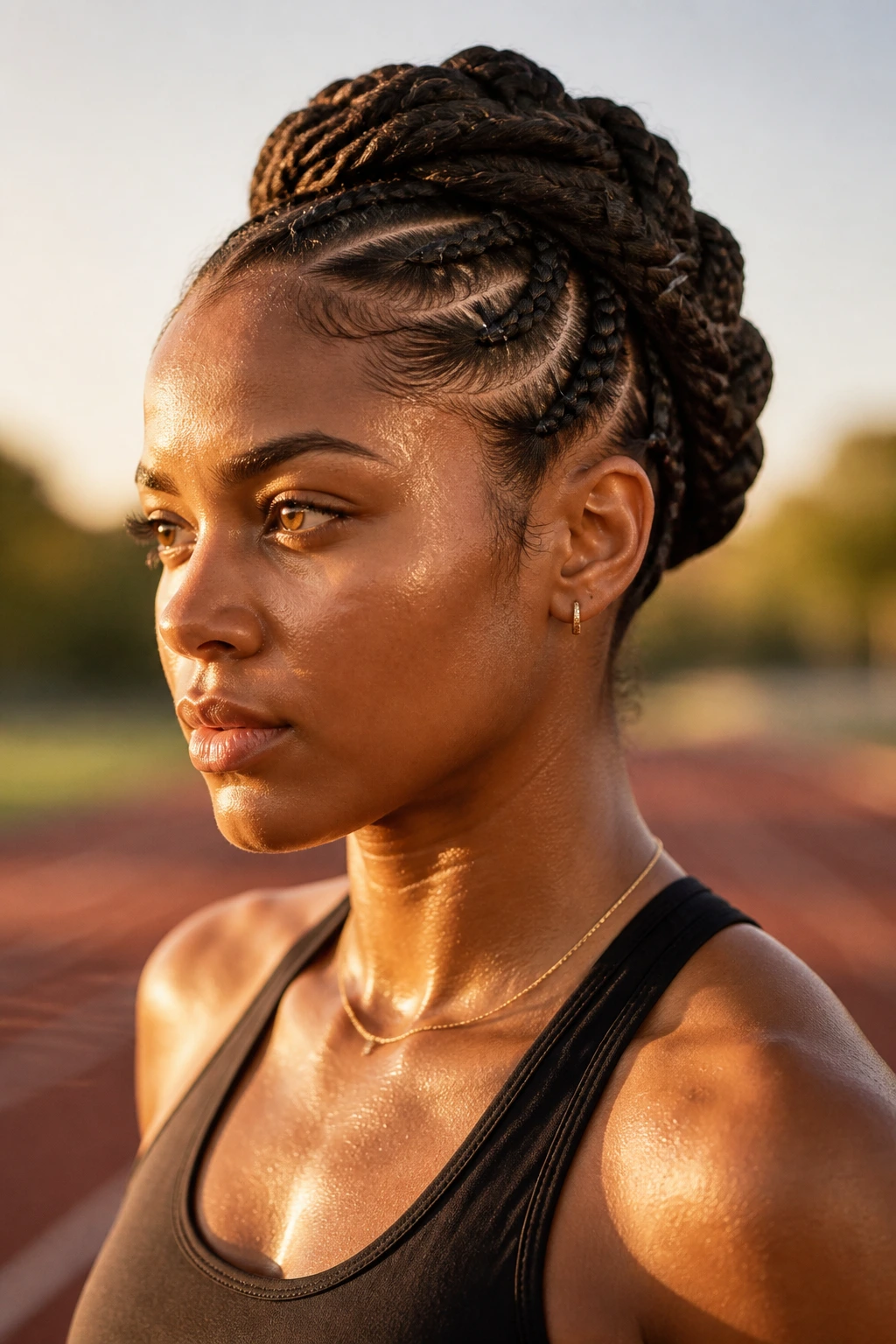 Close-up of real woman with pinned goddess braids updo on outdoor track