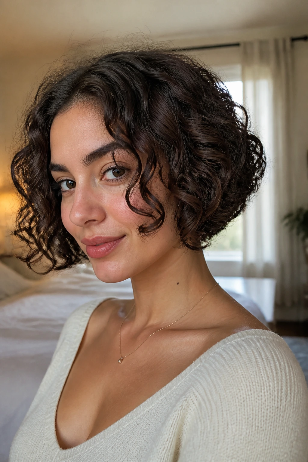 Close-up of a real woman with a pinned-up bob folded at the nape