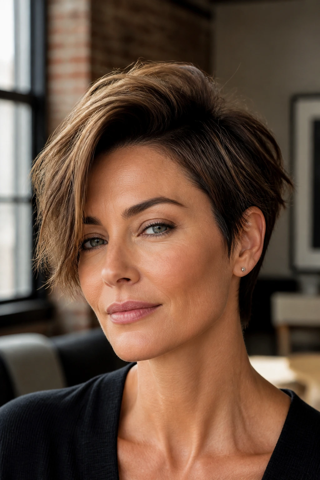 Real person with deep-parted choppy pixie-bob in warm window light.
