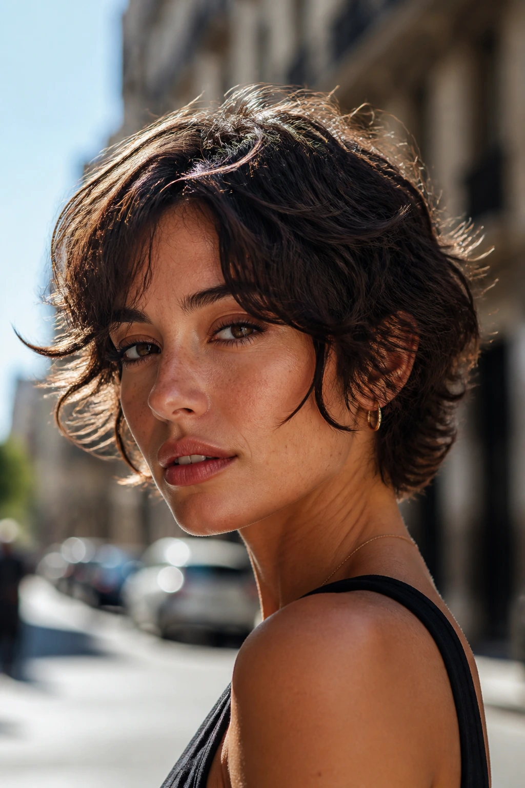 Close-up of a woman with a pixie-bob hybrid hairstyle and curtain bangs outdoors