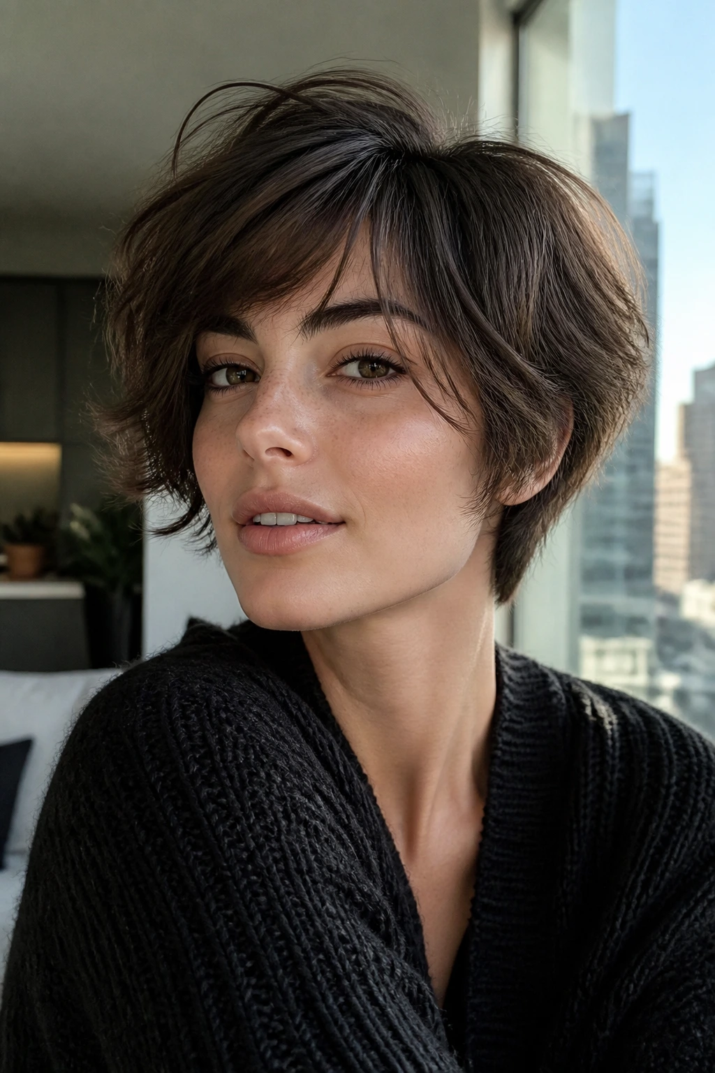 Portrait of a real person with a pixie-bob hybrid haircut.