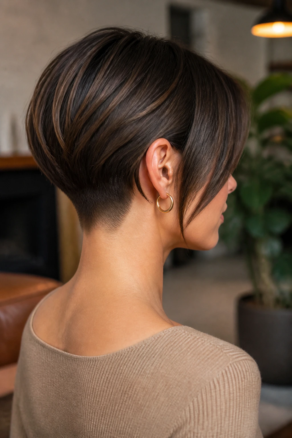 Medium close-up of real woman with pixie-bob nape focus