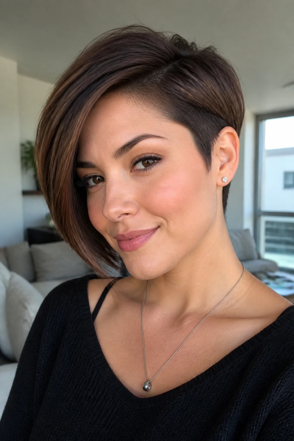 Close-up of a real woman with side-swept pixie-bob exposing the neck.