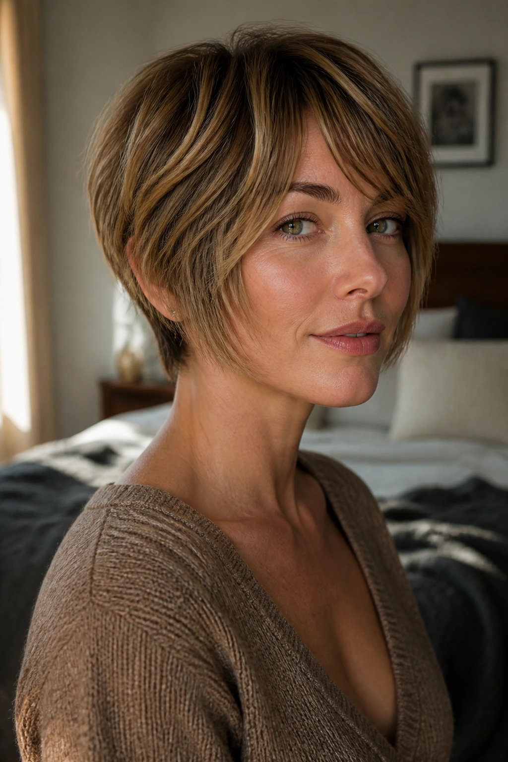 Close-up of a real woman with a soft-layered shaggy pixie-bob