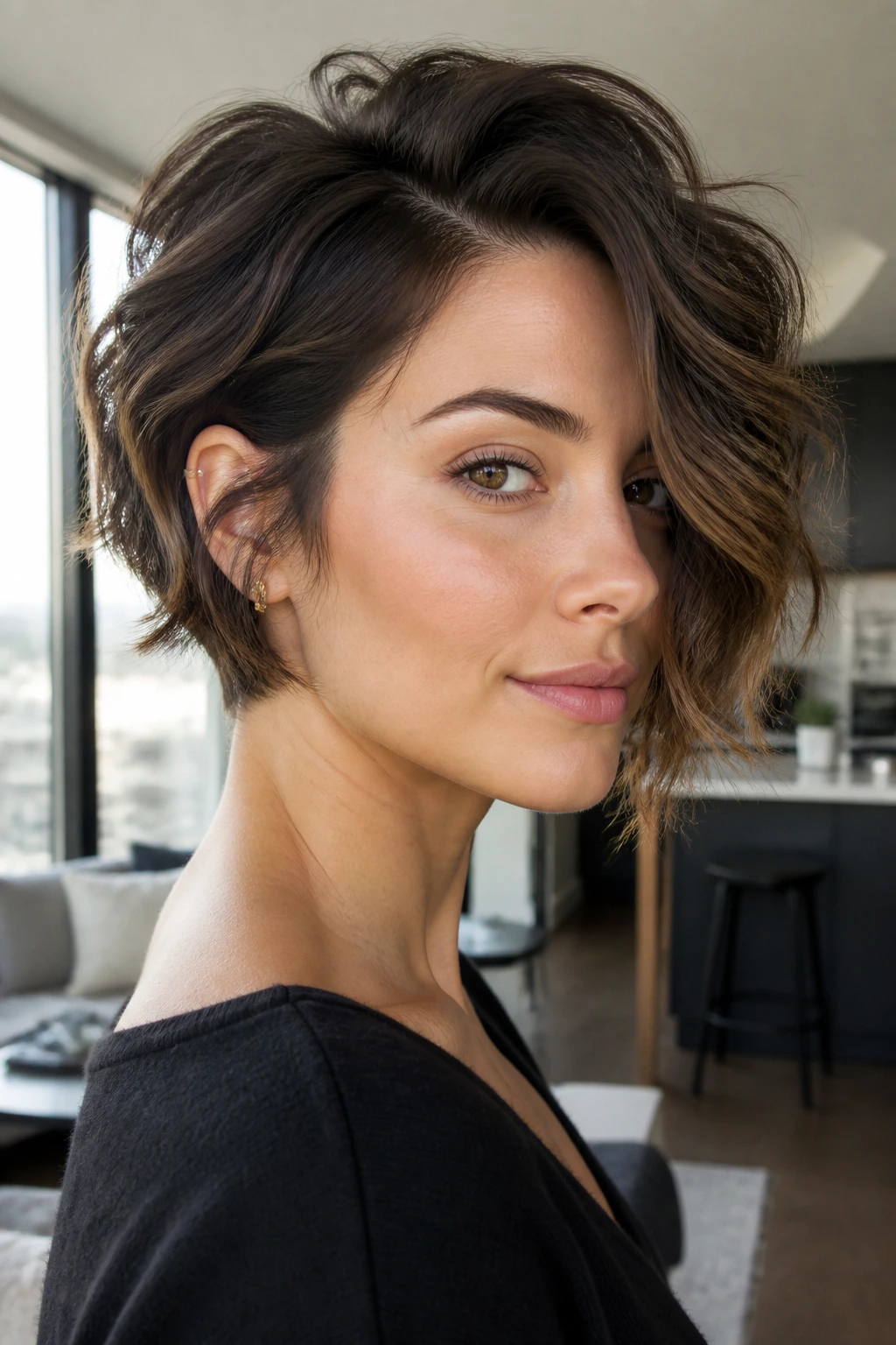 Close-up of deep-parted pixie-bob hairstyle on a real woman