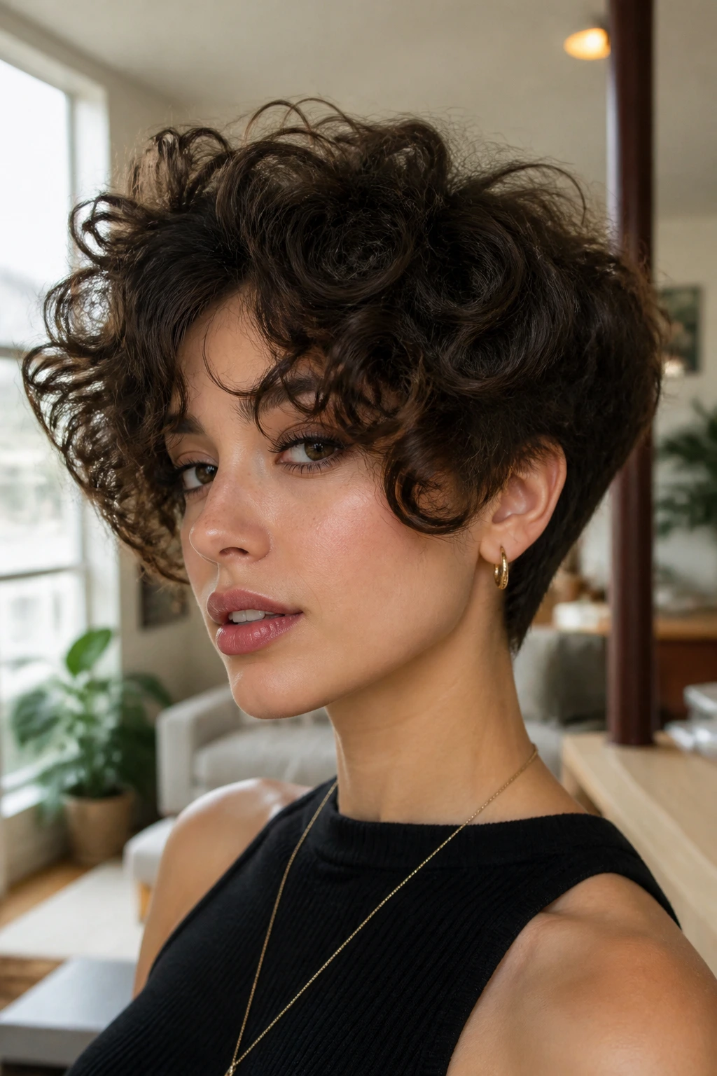 Close-up of The Pixie-Butterfly Fusion hairstyle on a real woman with tapered back and crown curls