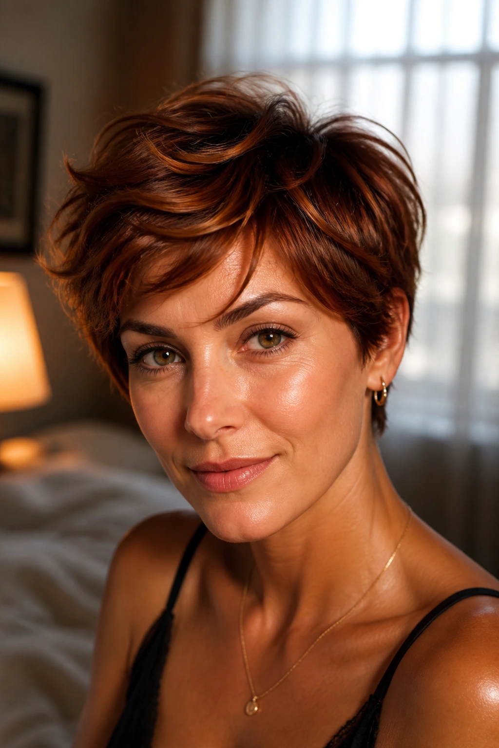 Close-up portrait of a real woman with a textured pixie and copper highlights