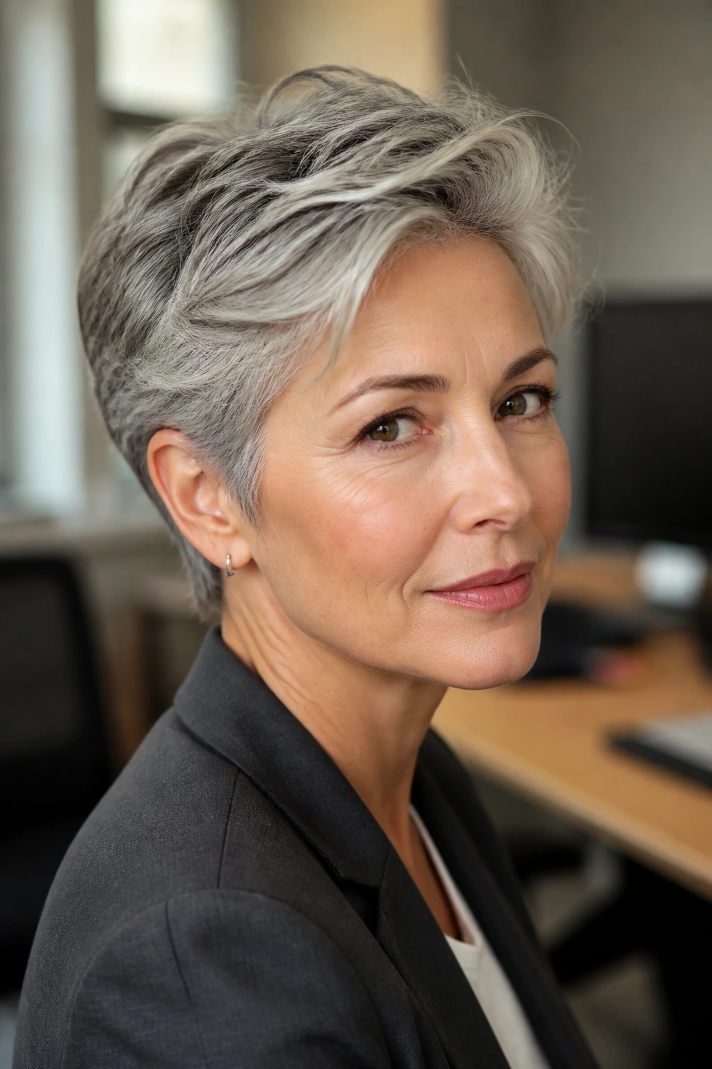 Close-up portrait of a real woman with a soft pixie cut featuring longer crown layers in an office setting