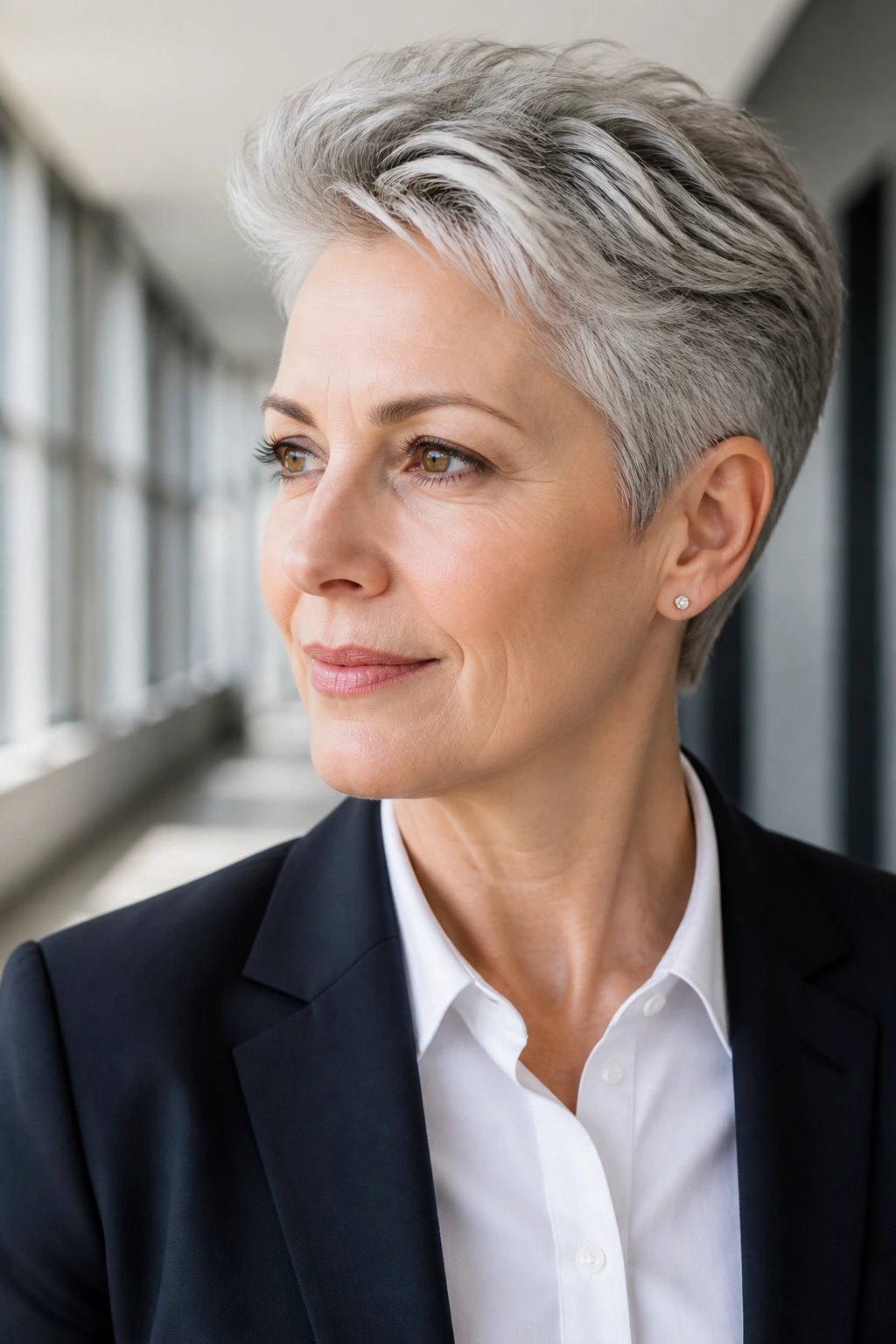 Close-up portrait of a woman with layered pixie and crown volume in an office setting