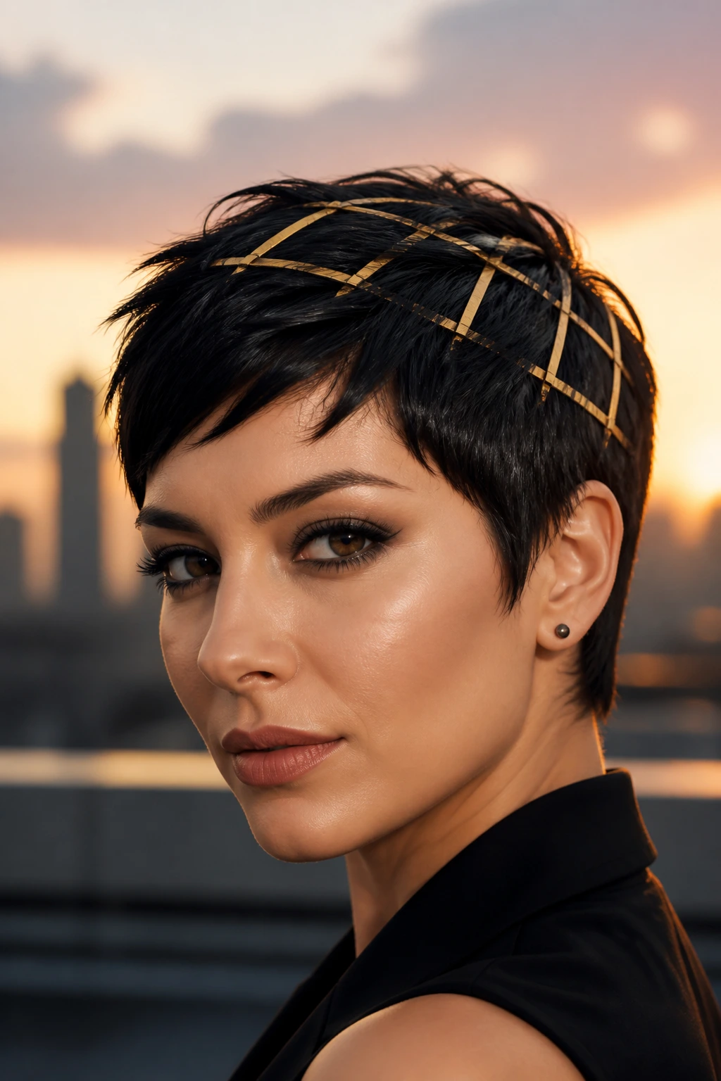 Close-up of a real woman's pixie cut with gold ribbons across the crown.