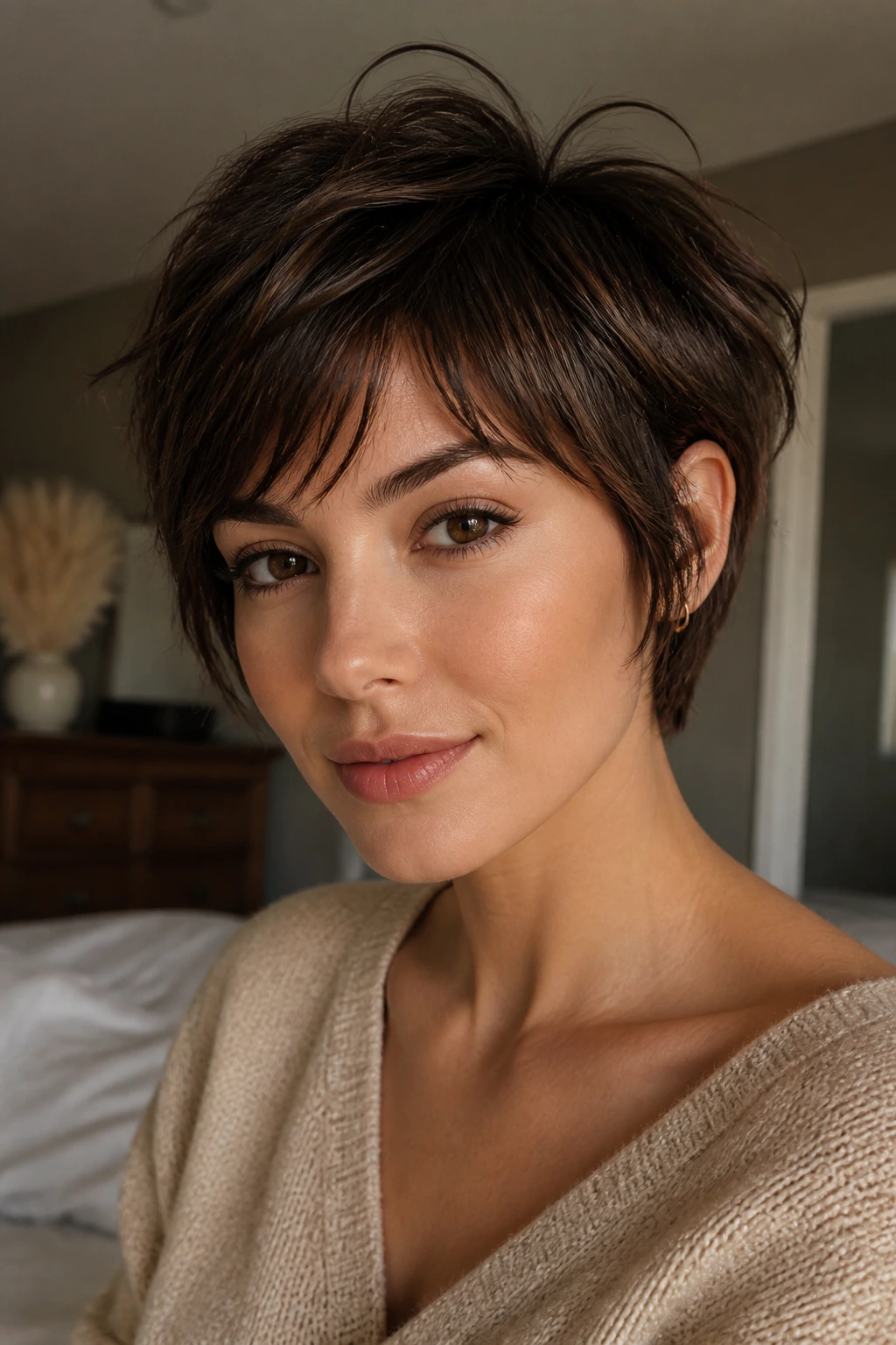 Close-up of a real woman with a grown-out pixie cut and face-framing layers in window light.
