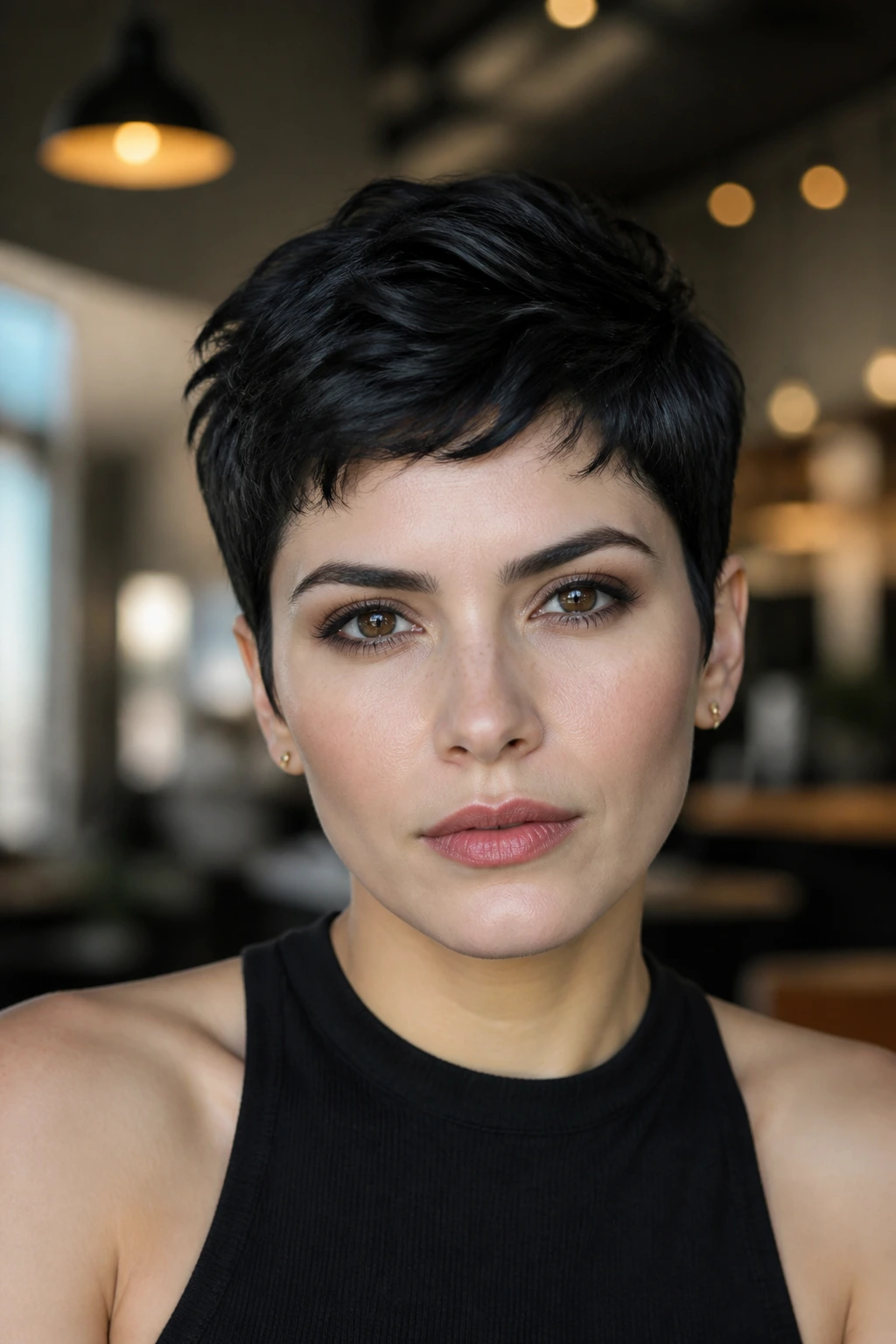 Portrait of a real woman with a modern pixie cut in an urban interior setting.