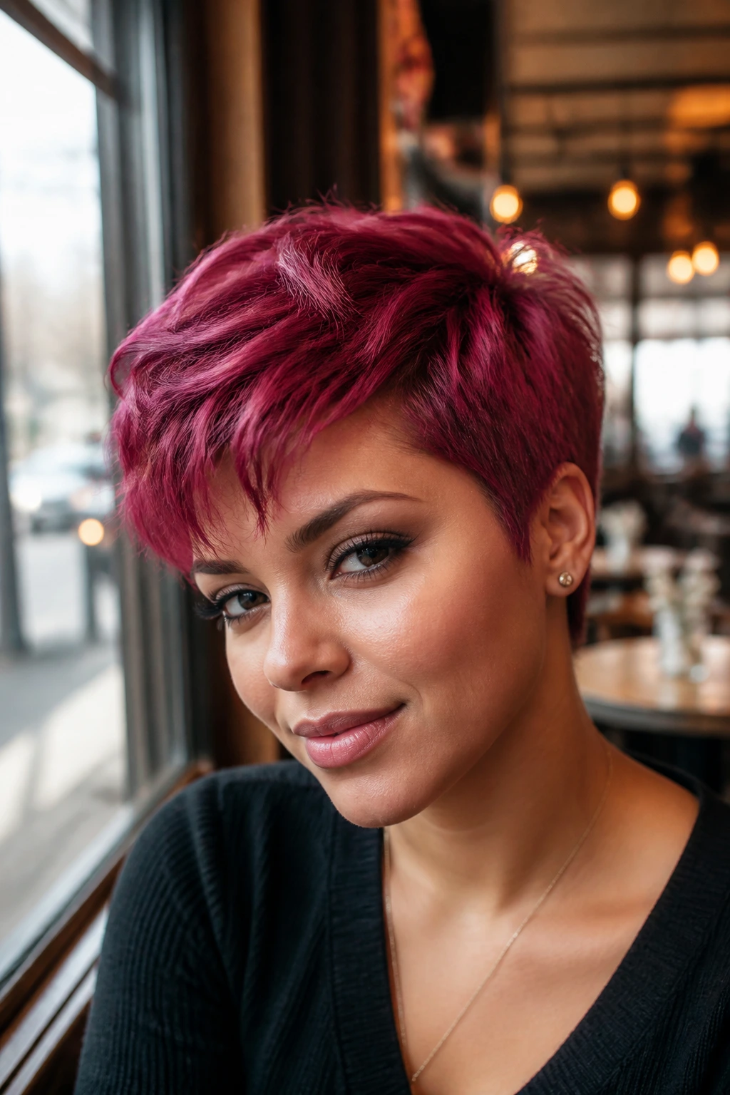 Close-up portrait of a real woman with a dark pink pixie cut in warm cafe light
