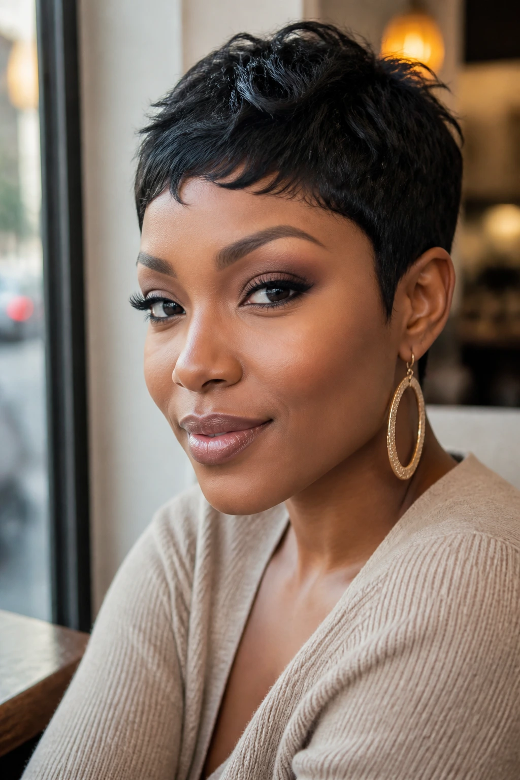 Close-up portrait of a Black woman with a pixie cut in warm cafe light