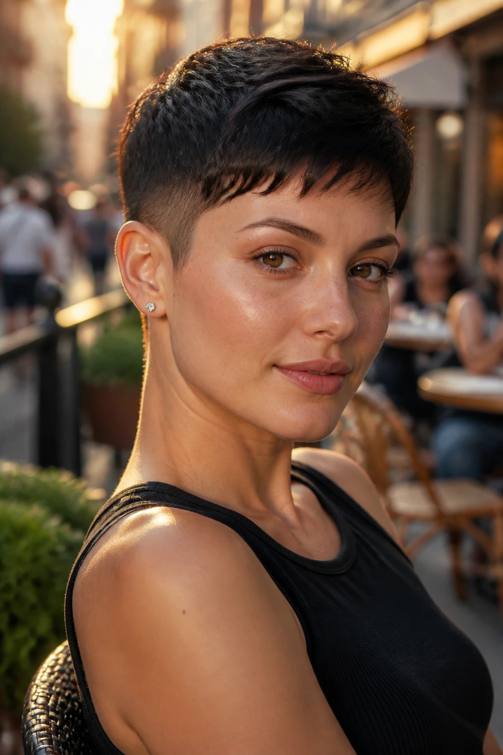 Close-up portrait of a real person with a pixie cut and tapered sides.