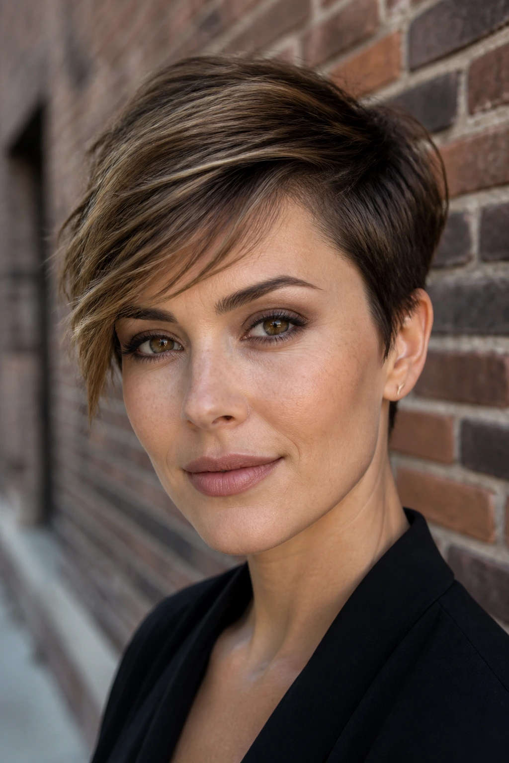 Real woman with pixie cut and side-swept texture.