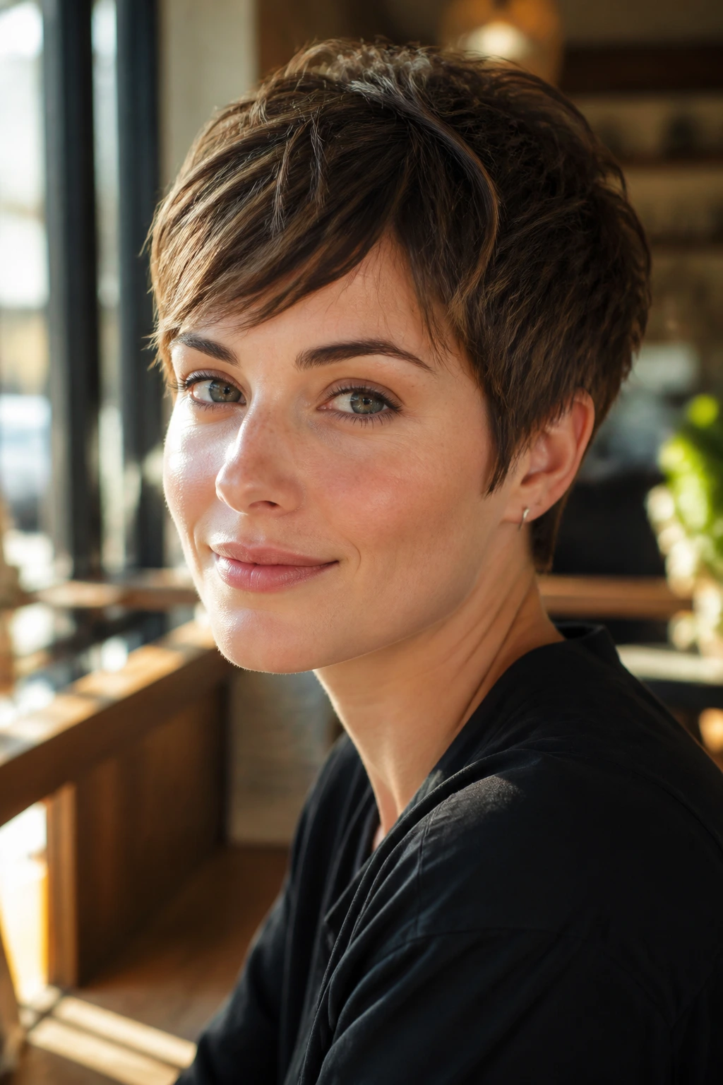 Close-up portrait of a real woman with a textured pixie cut and jagged ends under warm cafe light