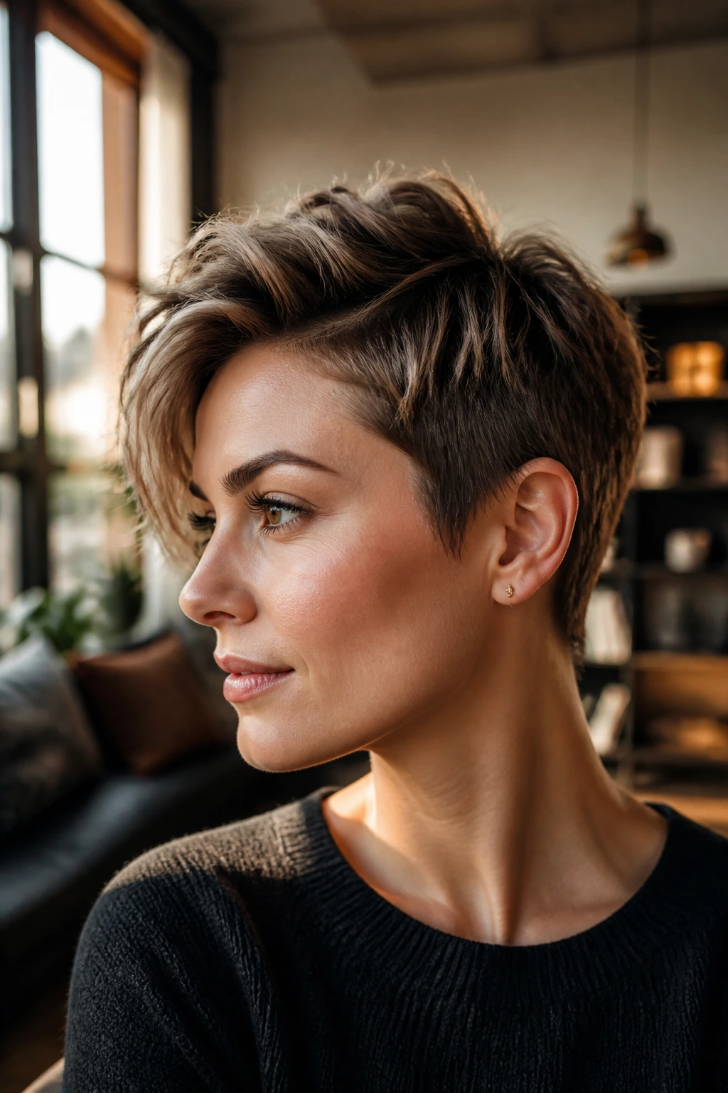 Real person with deep-parted pixie and texture under warm living room light