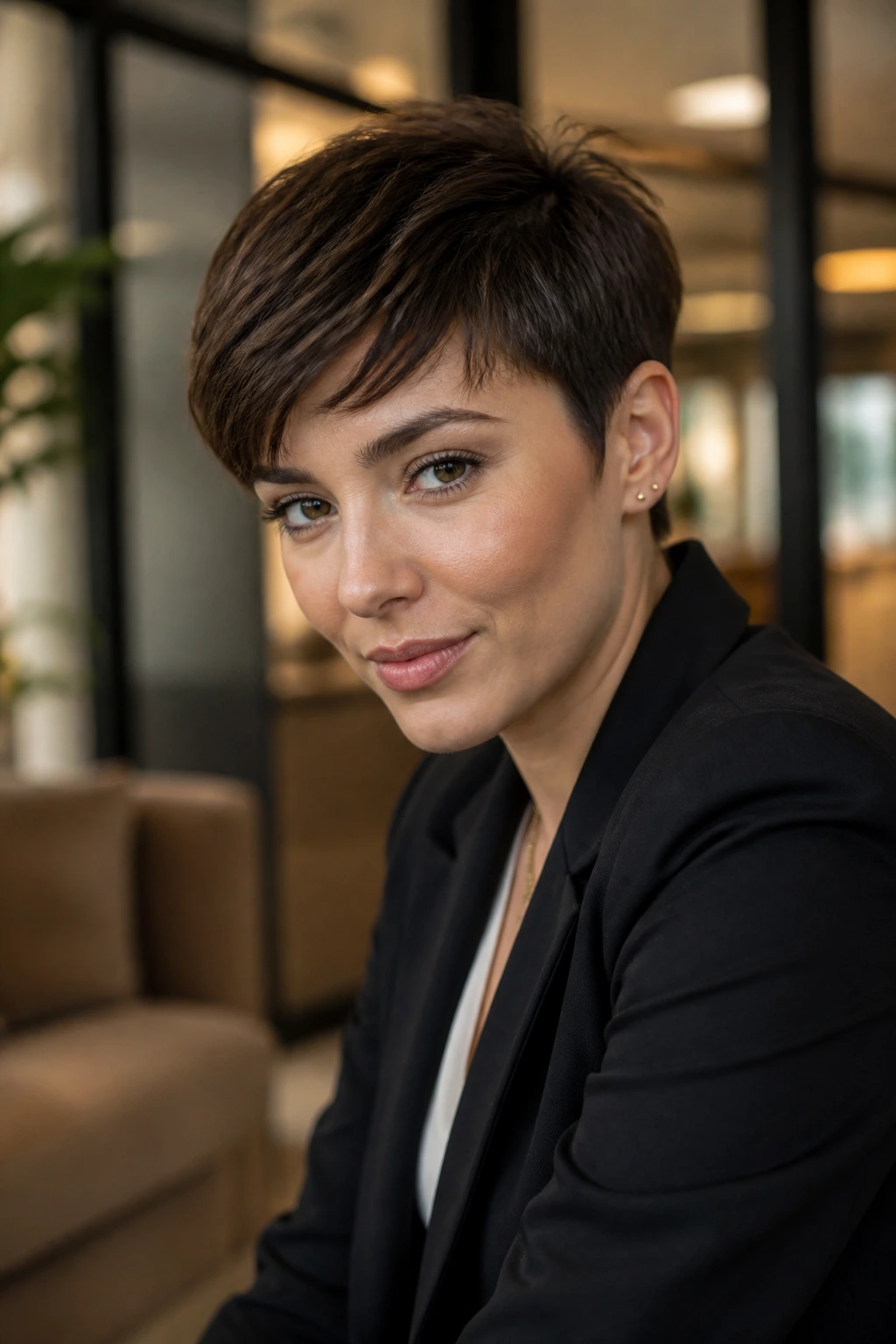 Close-up portrait of a real person with a textured fringe pixie cut