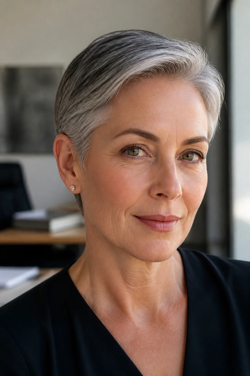 Close-up portrait of a real woman with a tucked-behind-ear pixie in an office setting.