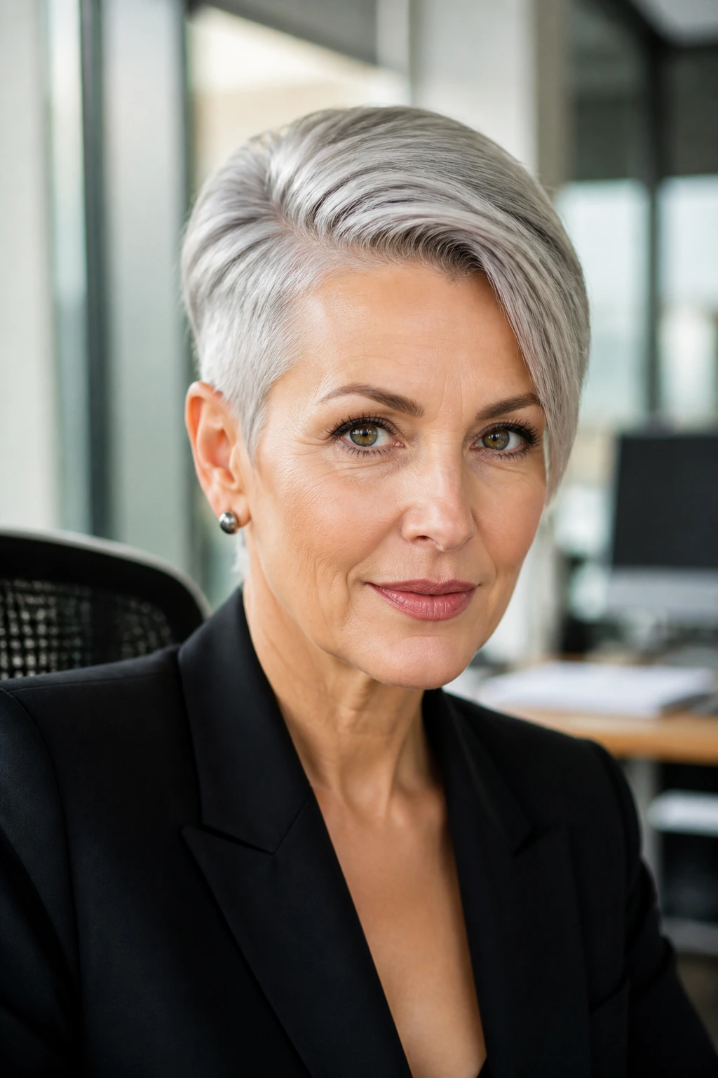 Close-up portrait of a real woman with a sleek side-swept pixie in an office.