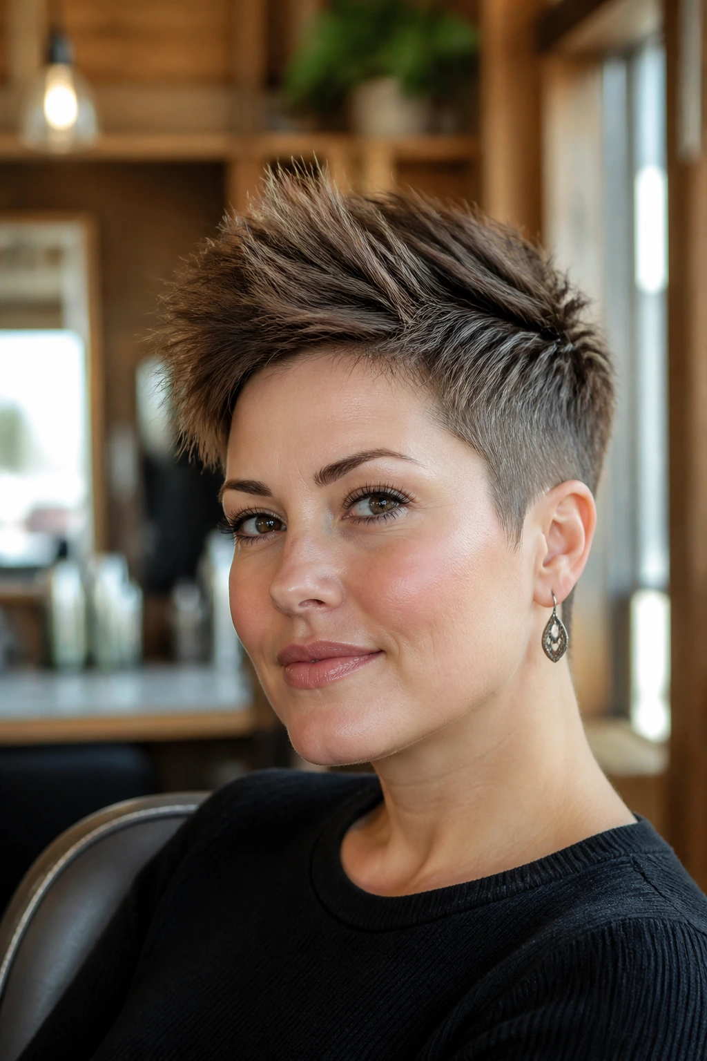 Close-up of a real woman with a textured pixie haircut and height on top in a warm salon