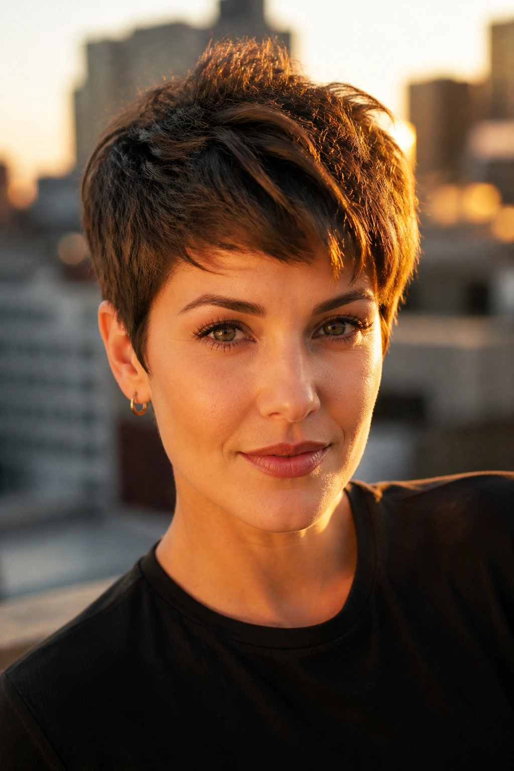 Portrait of a woman with a textured pixie hairstyle
