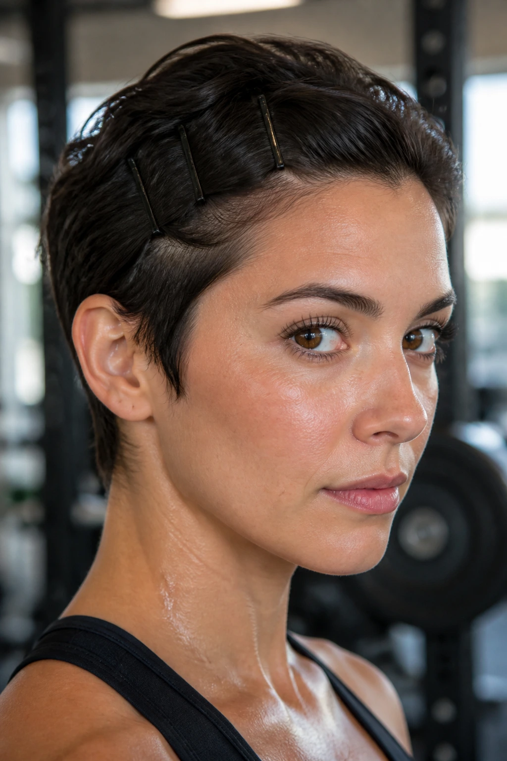 Close-up of a woman with pinned-back pixie hairstyle in a gym setting