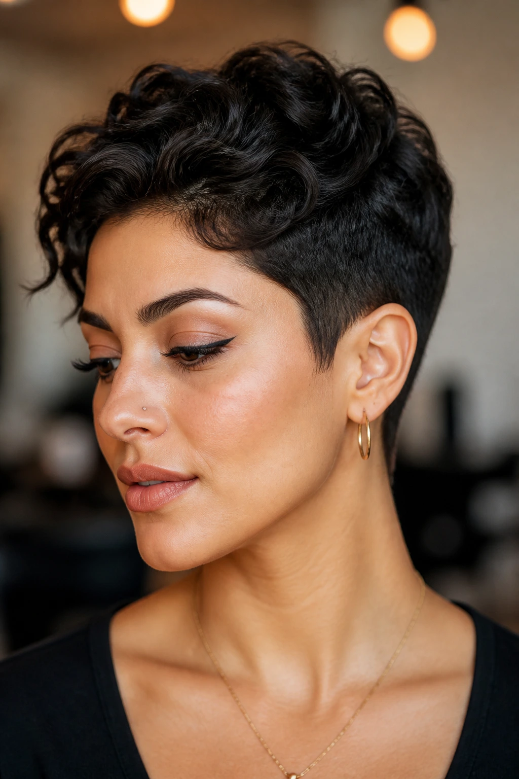 Close-up of a real Latina woman with a tapered pixie haircut
