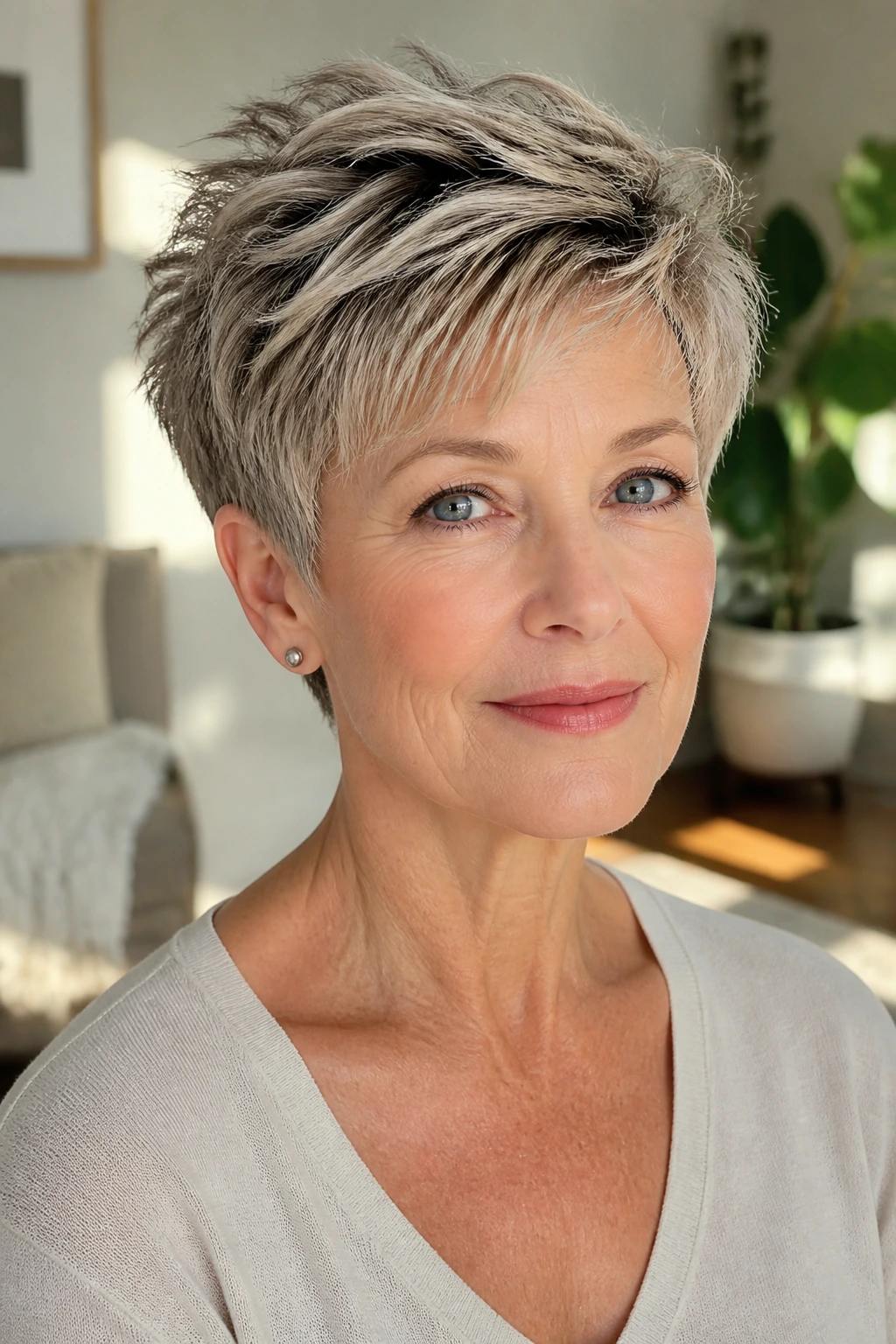 Close-up of a real woman with a textured pixie haircut featuring longer top layers