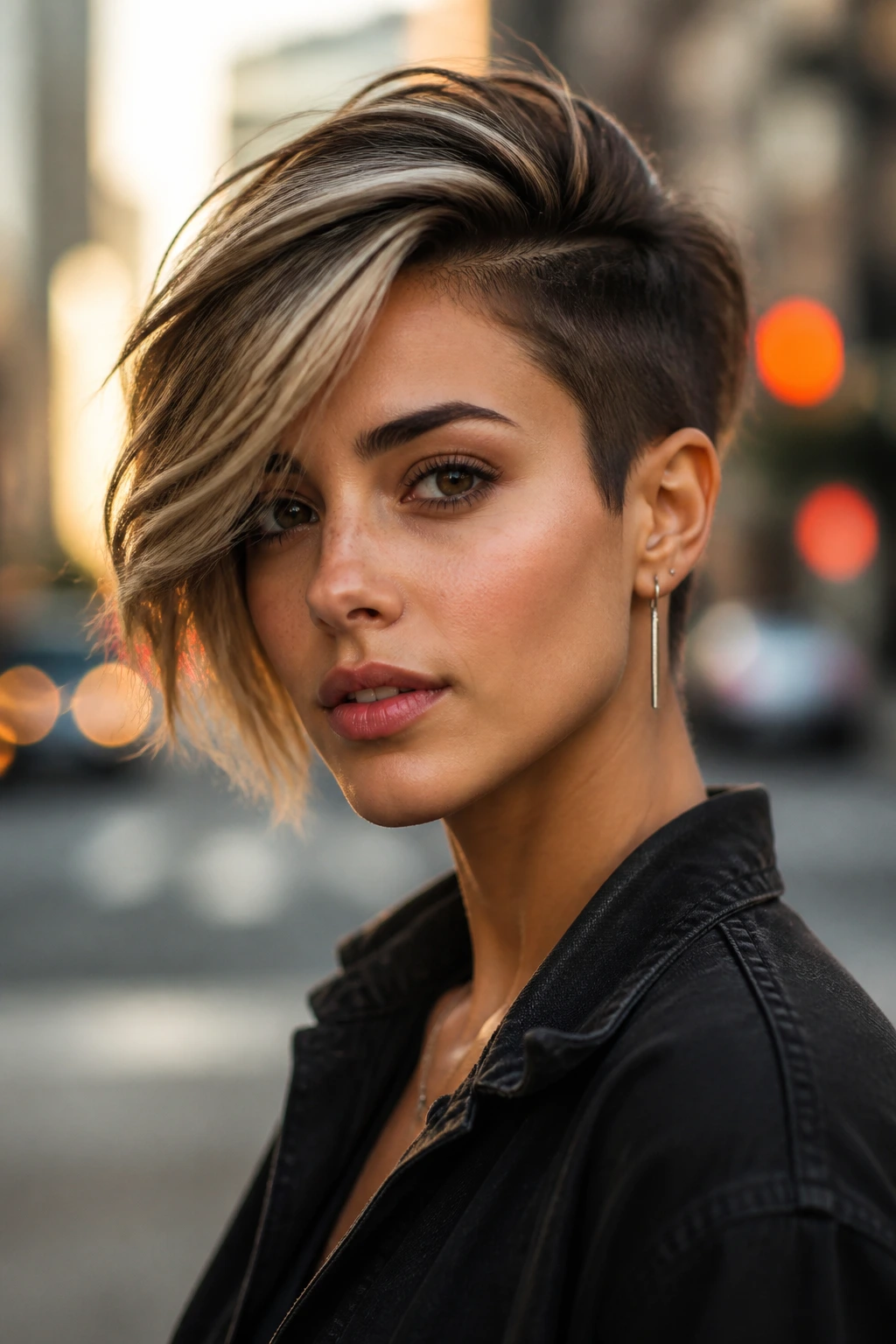 Close-up portrait of a real person with very short sides and a long top sweeping over the forehead.