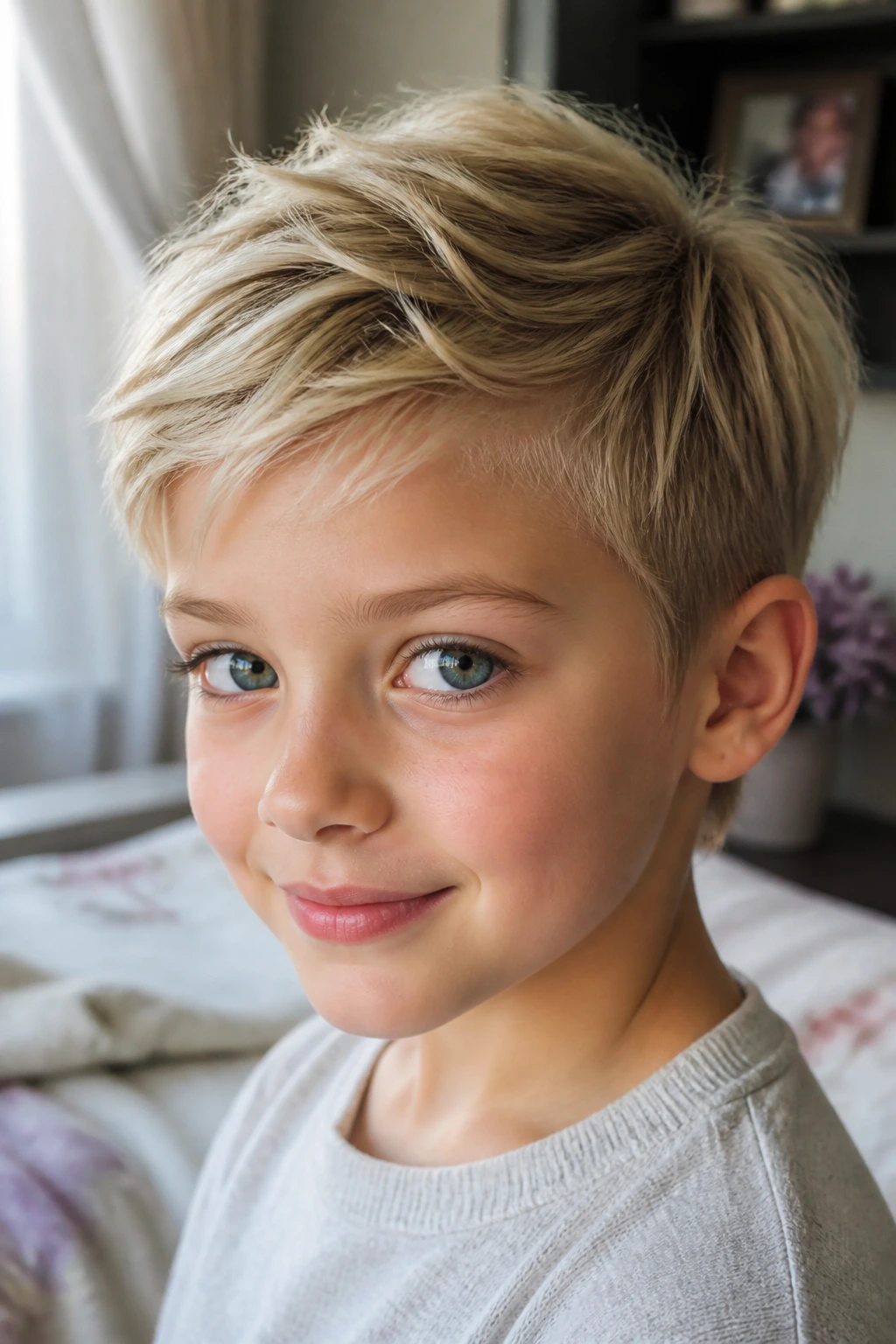 Close-up of a real child with a pixie haircut featuring longer crown layers swept to the side